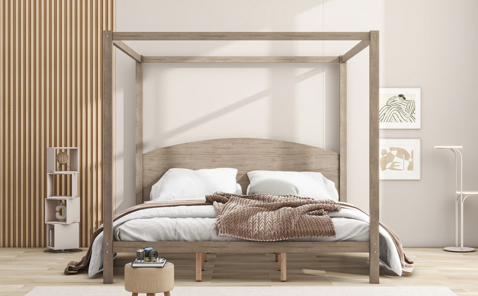 King Size Canopy Platform Bed With Headboard And Support Legs, Brown Wash Box Spring Not Required Brown Wood Pine