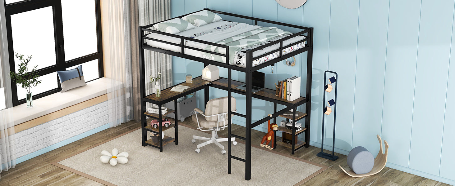 Full Metal Loft Bed With Desk And Shelves, Loft Bed With Ladder And Guardrails, Loft Bed Frame For Bedroom, Black Old Sku: W1307S00016 Pre Sale Date: 2024 3 7. Black Metal