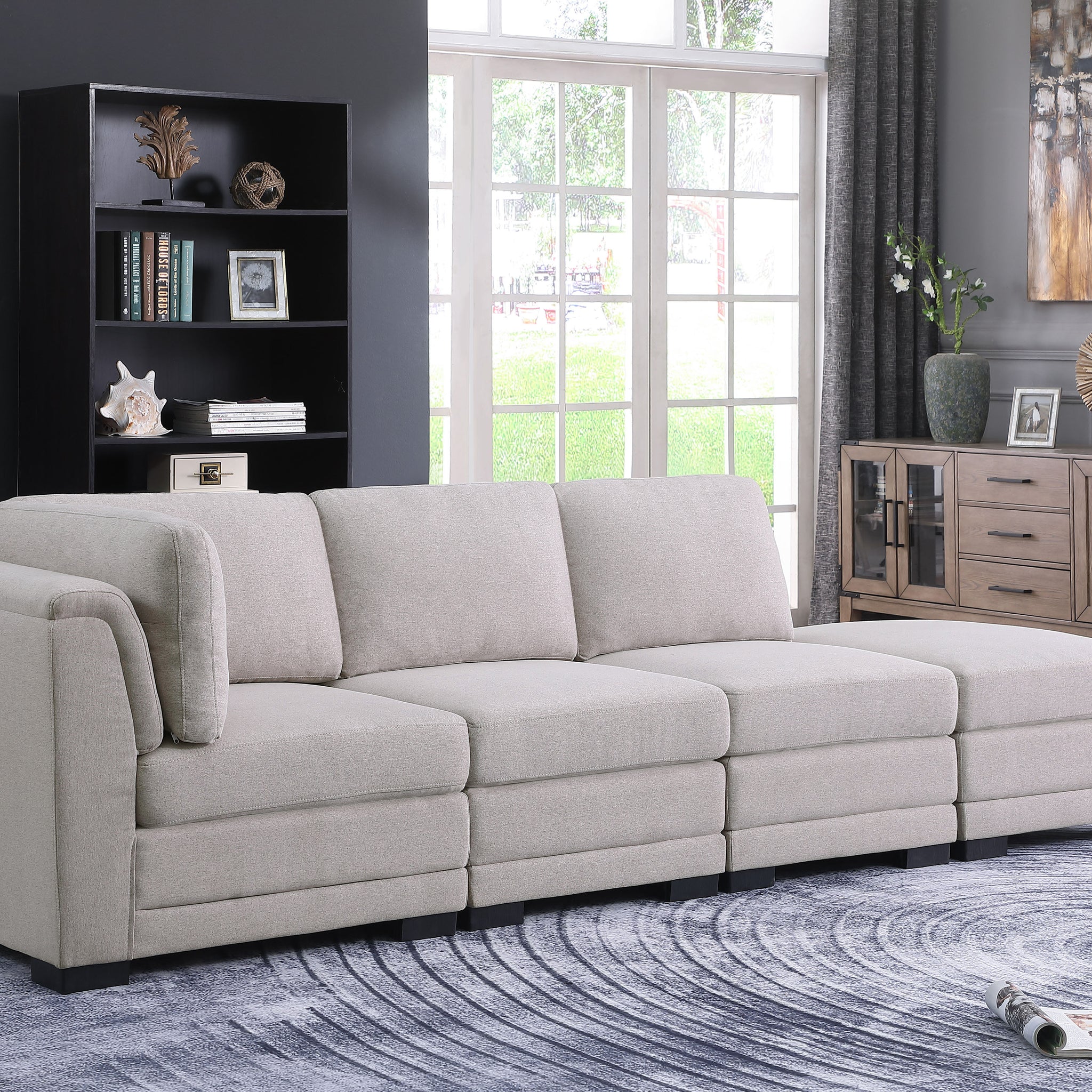 Kristin 112" Light Gray Linen Fabric Reversible Sofa With Ottoman Light Gray Linen