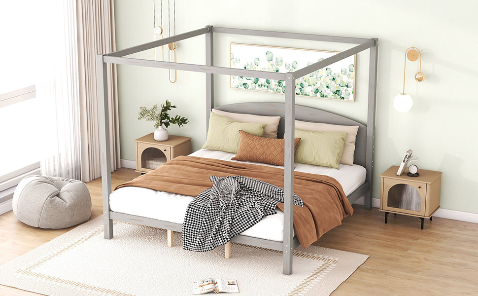 King Size Canopy Platform Bed With Headboard And Support Legs, Grey Wash Box Spring Not Required Grey Wood Pine