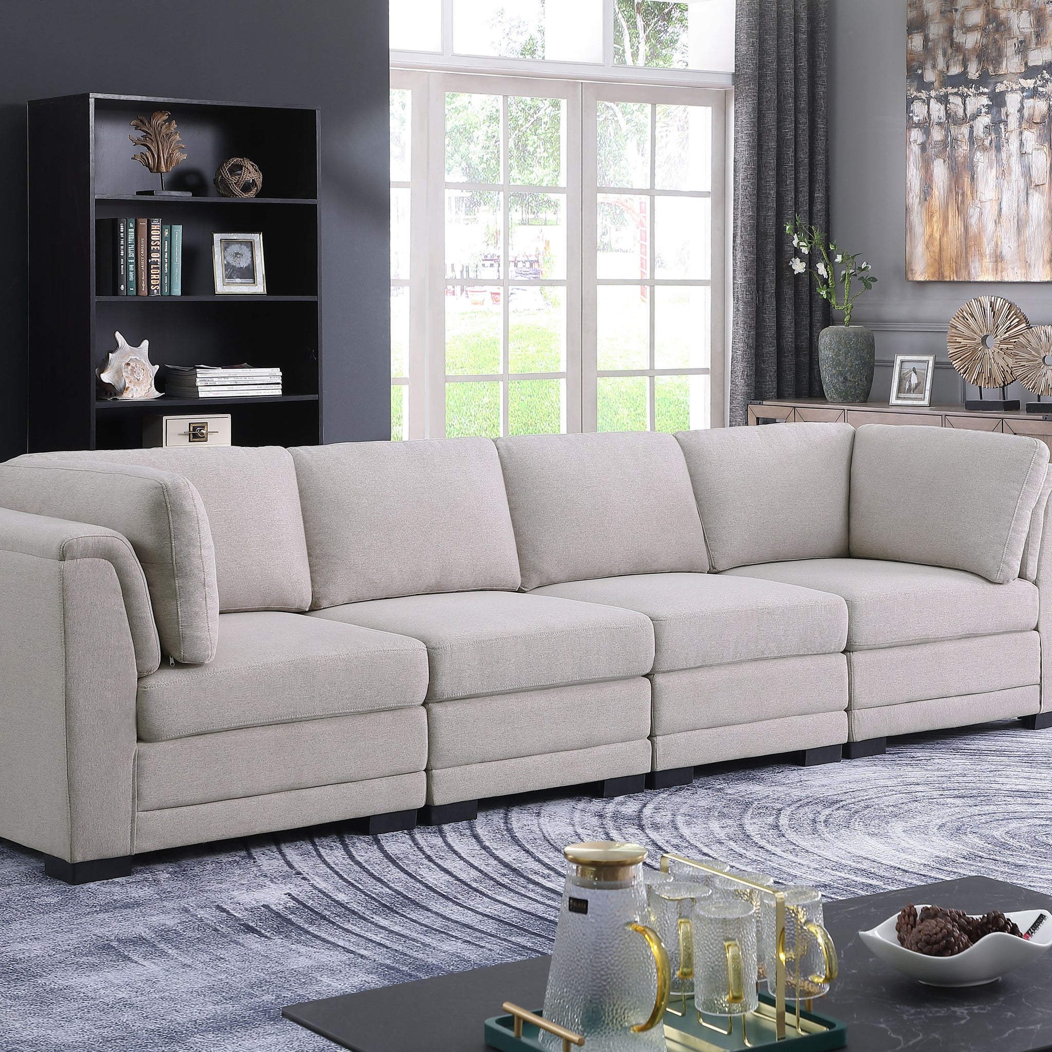 Kristin 121.5" Light Gray Linen Fabric 4 Seater Modular Sofa Light Gray Linen