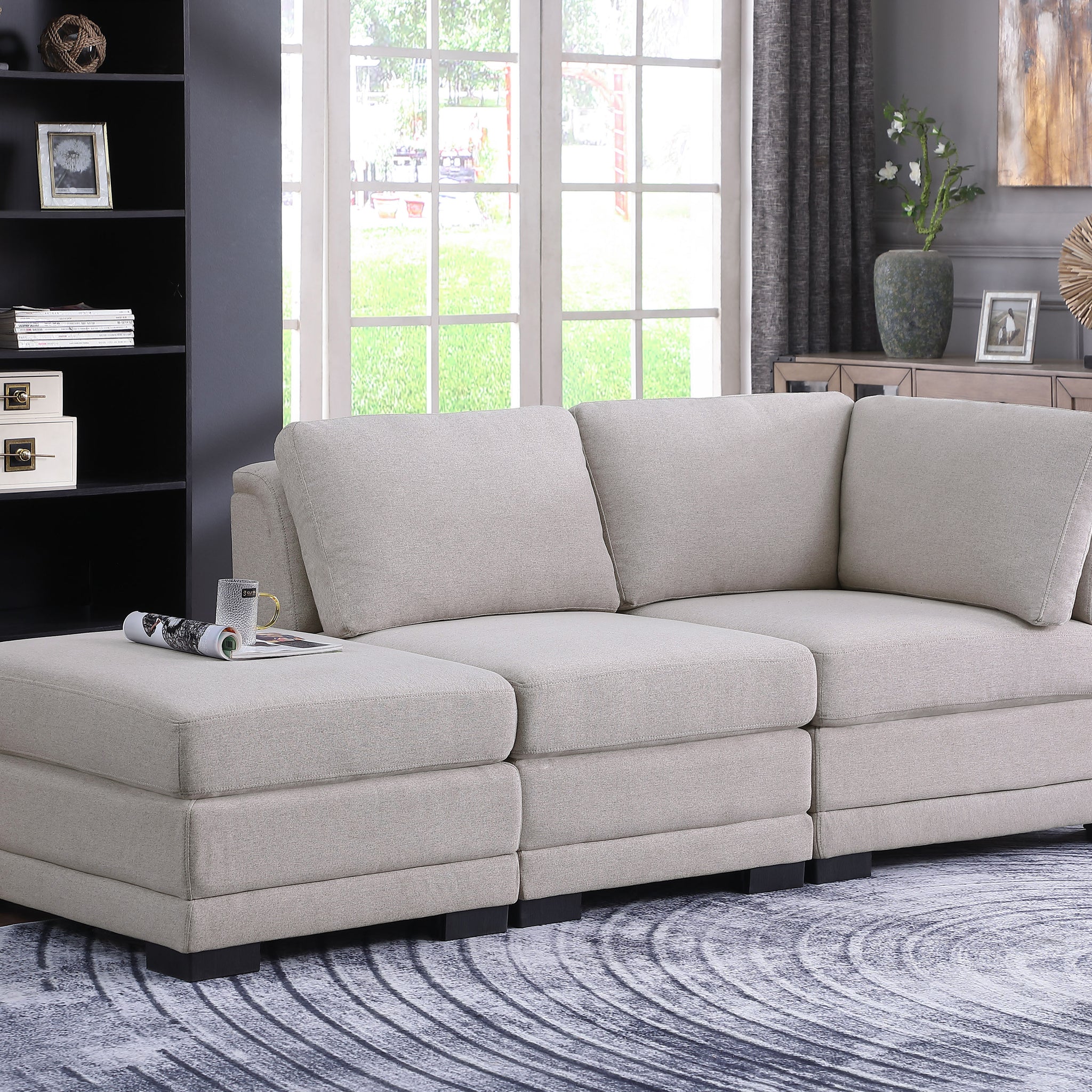 Kristin 86.5" Light Gray Linen Fabric Reversible Sofa With Ottoman Light Gray Linen