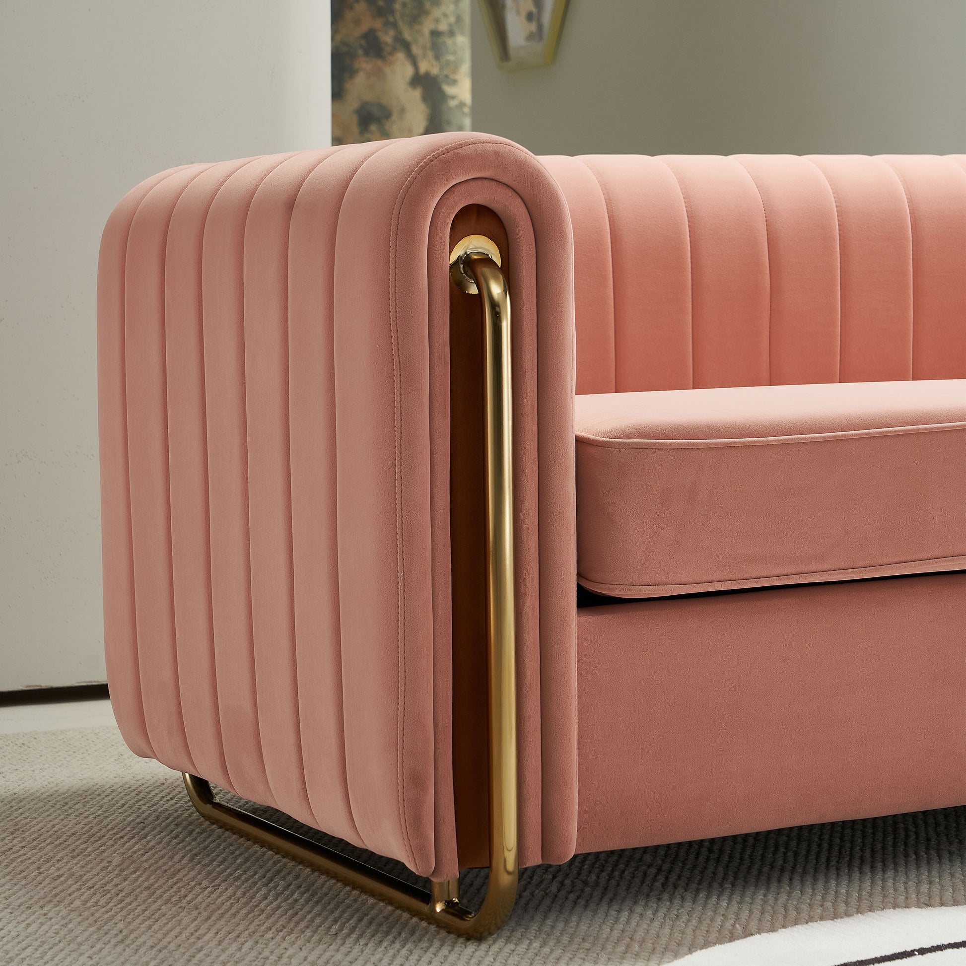 Contemporary Velvet Sofa Couch 84.25''W For Living Room, Pink Pink Velvet Wood Primary Living Space Tufted Back Modern Rolled Arms Foam Velvet 2 Seat
