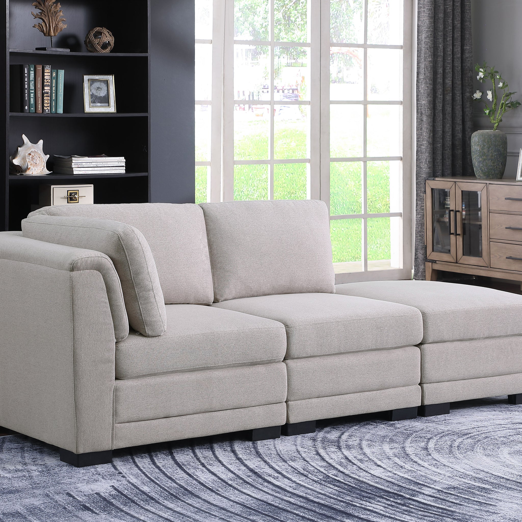 Kristin 86.5" Light Gray Linen Fabric Reversible Sofa With Ottoman Light Gray Linen