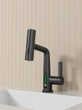Pull Out Lift Led Temperature Digital Display Bathroom Basin Faucet, Single Handle 360 Rotatable Waterfall 3 In 1 Basin Tap With Adjustable Height Matte Black One Matte Black Deck Mounted Matte