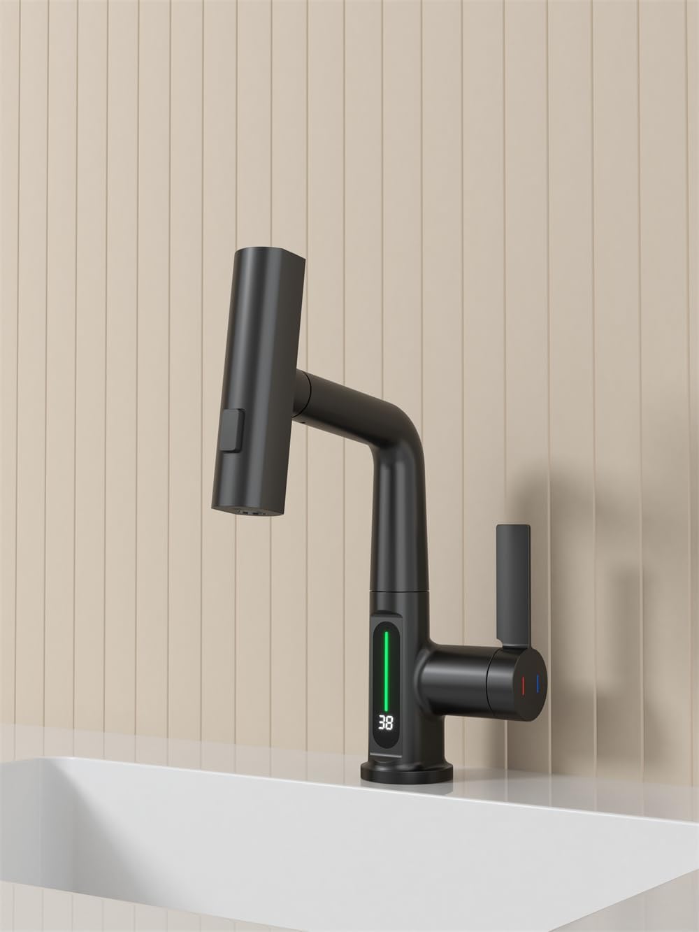 Pull Out Lift Led Temperature Digital Display Bathroom Basin Faucet, Single Handle 360 Rotatable Waterfall 3 In 1 Basin Tap With Adjustable Height Matte Black One Matte Black Deck Mounted Matte