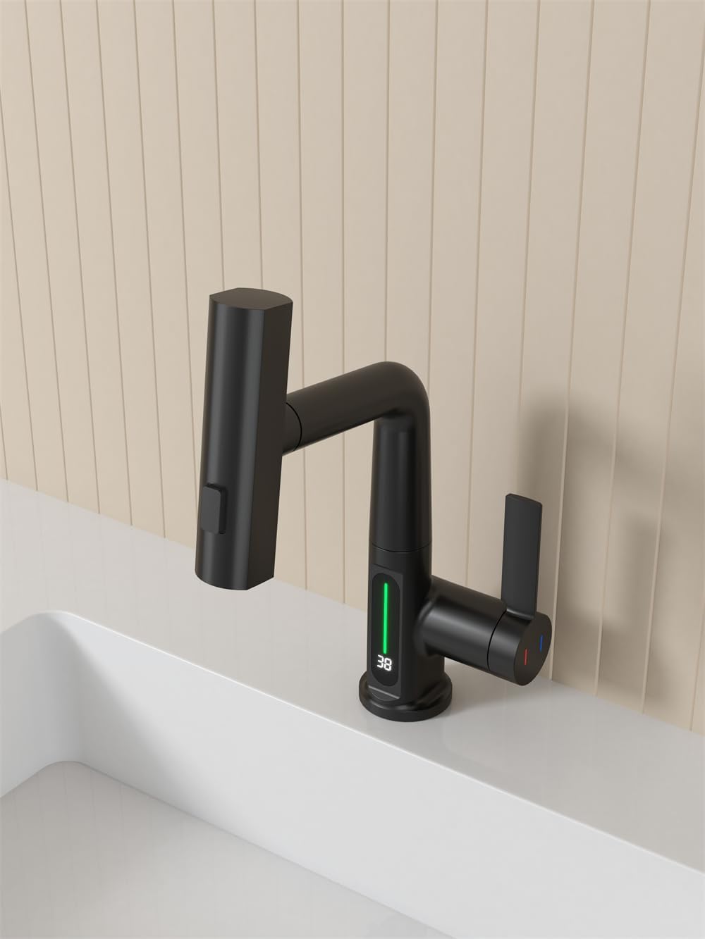 Pull Out Lift Led Temperature Digital Display Bathroom Basin Faucet, Single Handle 360 Rotatable Waterfall 3 In 1 Basin Tap With Adjustable Height Matte Black One Matte Black Deck Mounted Matte