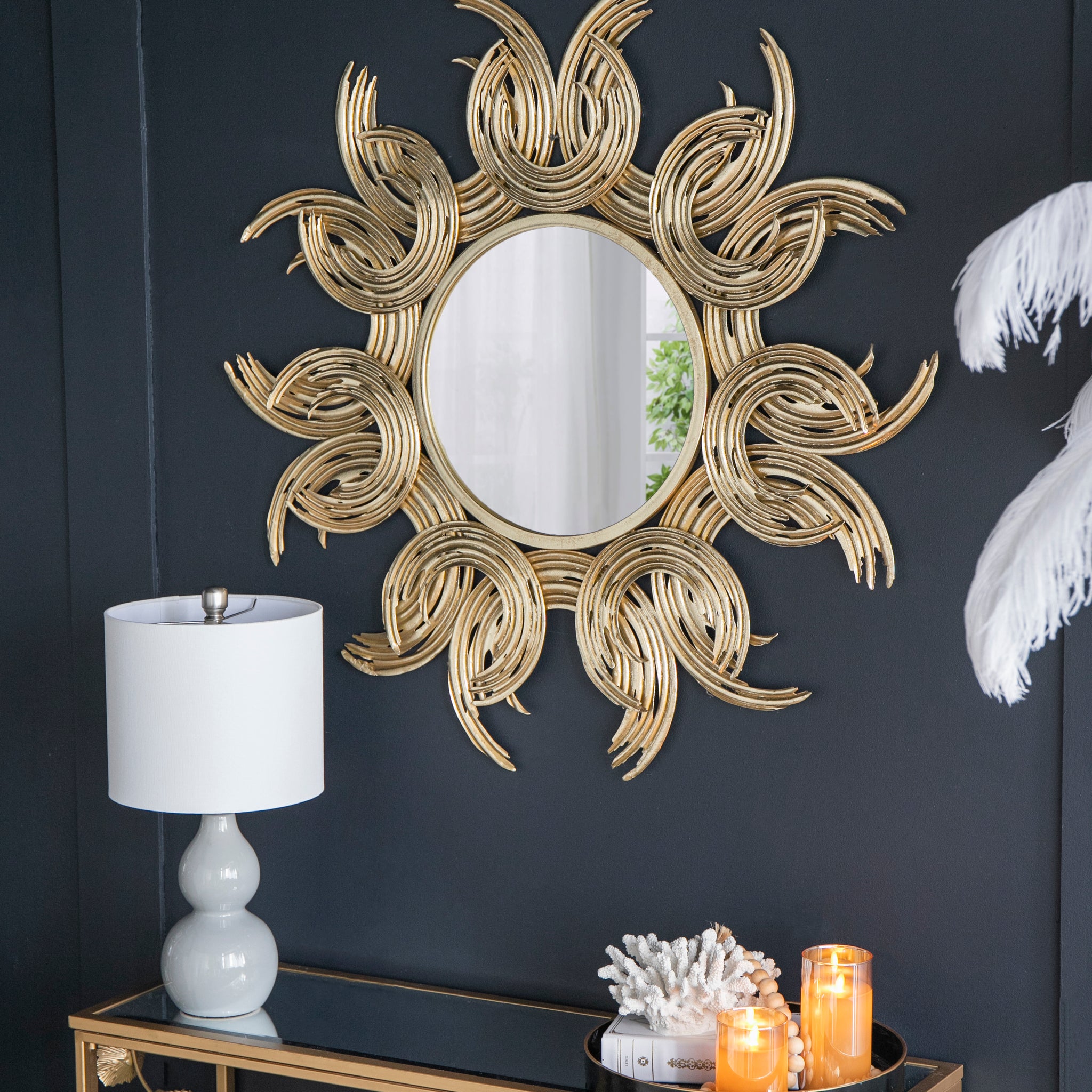 38" Sunburst Metal Decorative Mirror With Gold Finish, Boho Wall Decor Sun Mirror For Living Room Bathroom Enterway Gold Iron