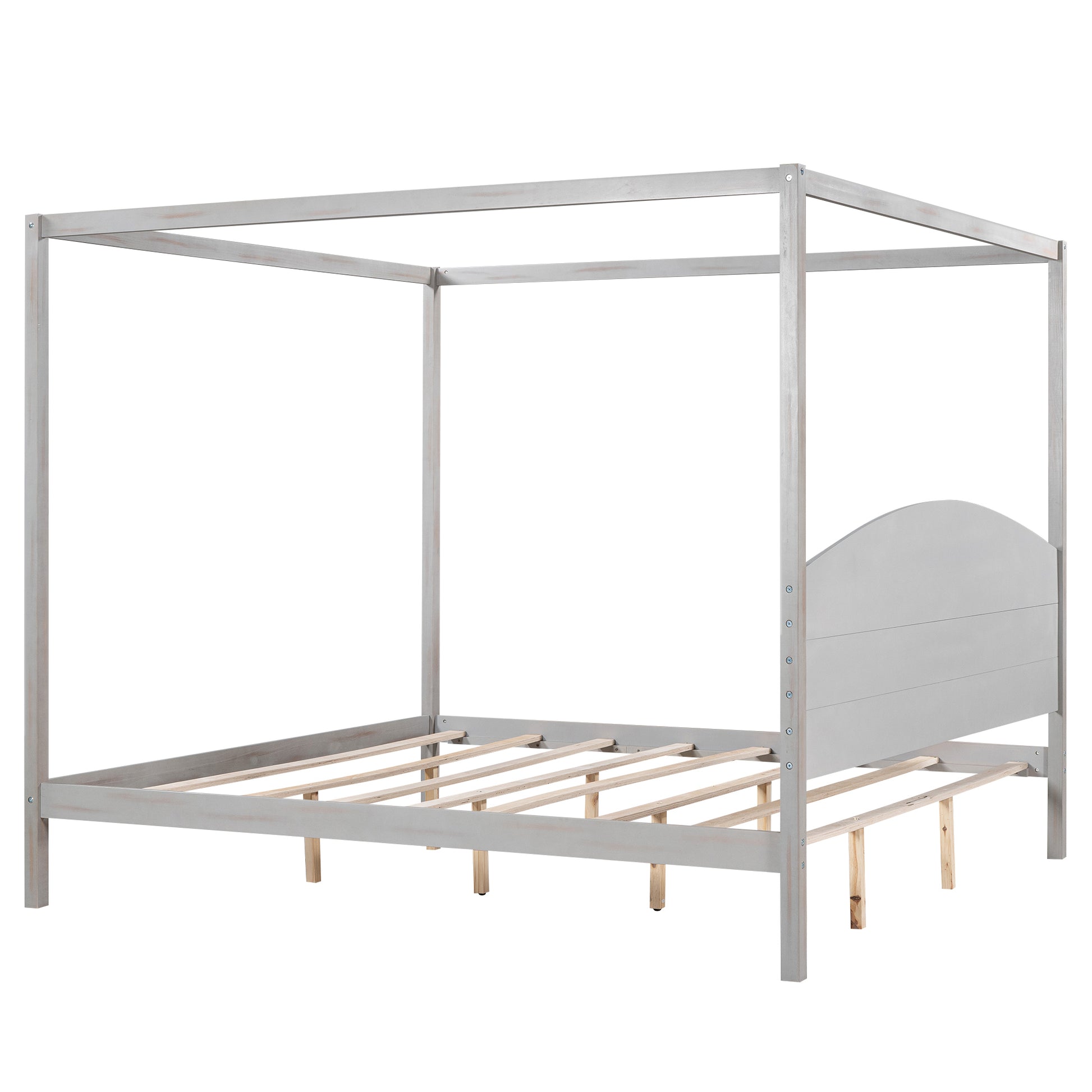 King Size Canopy Platform Bed With Headboard And Support Legs, Grey Wash Box Spring Not Required Grey Wood Pine