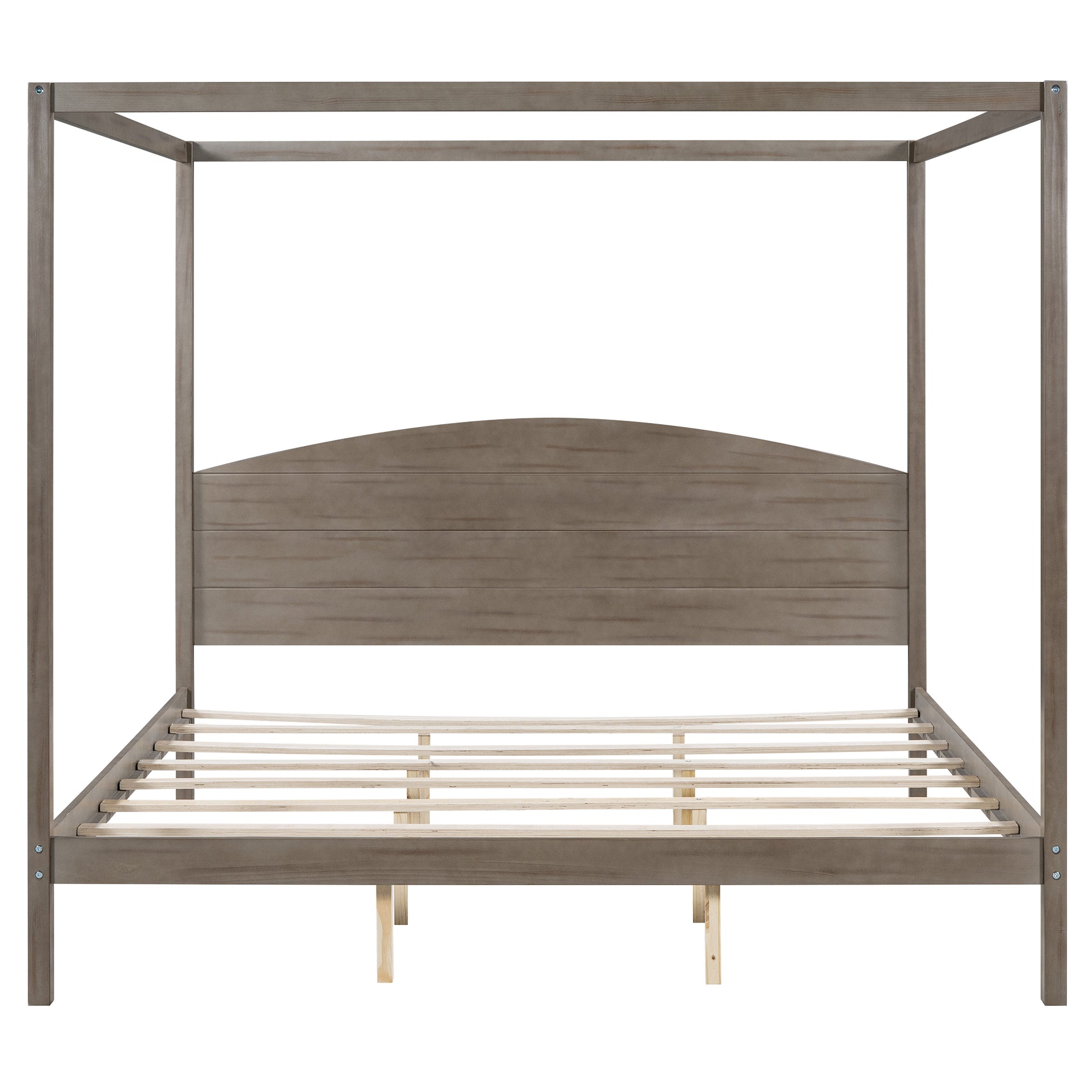 King Size Canopy Platform Bed With Headboard And Support Legs, Brown Wash Box Spring Not Required Brown Wood Pine