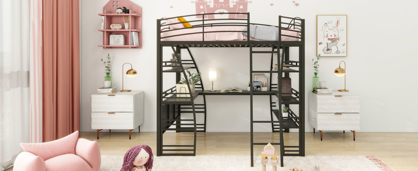 Full Size Loft Bed With 4 Layers Of Shelves And L Shaped Desk, Stylish Metal Frame Bed With A Set Of Sockets, Usb Ports And Wireless Charging, Black Black Metal