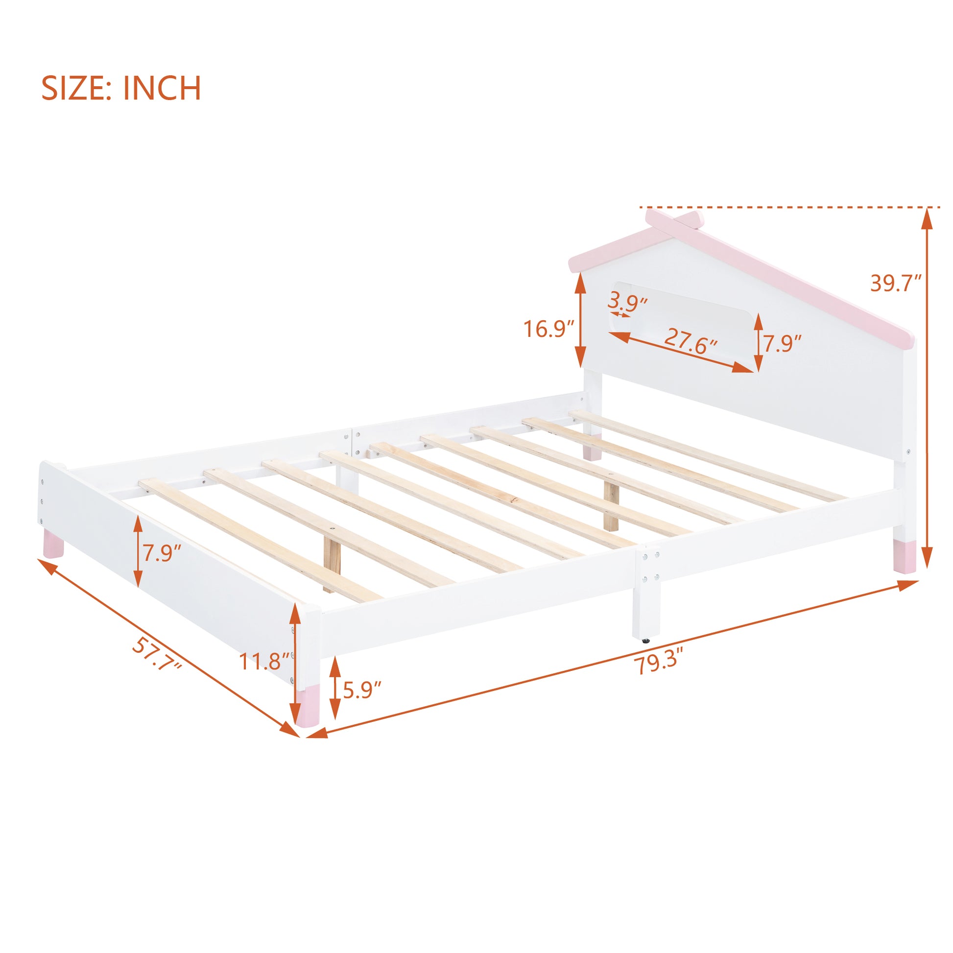 Full Size Wood Platform Bed With House Shaped Headboard And Motion Activated Night Lights White Pink White Pink Wood