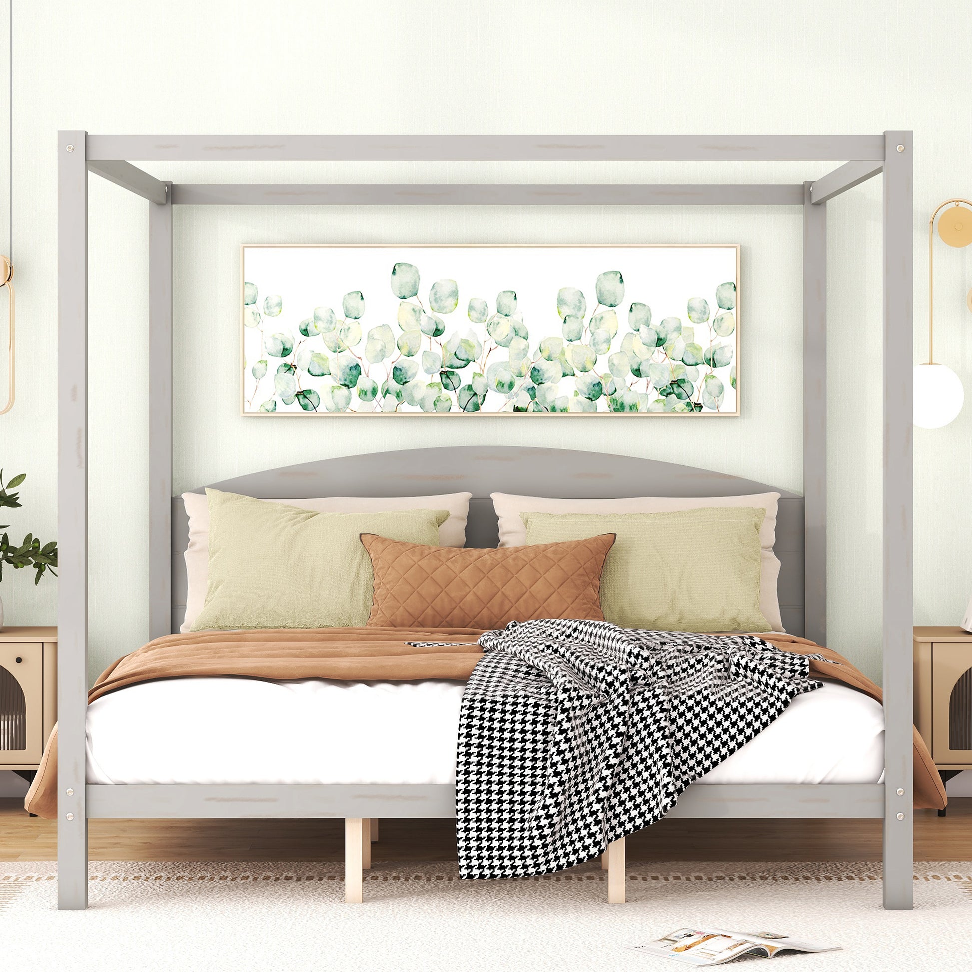 King Size Canopy Platform Bed With Headboard And Support Legs, Grey Wash Box Spring Not Required Grey Wood Pine