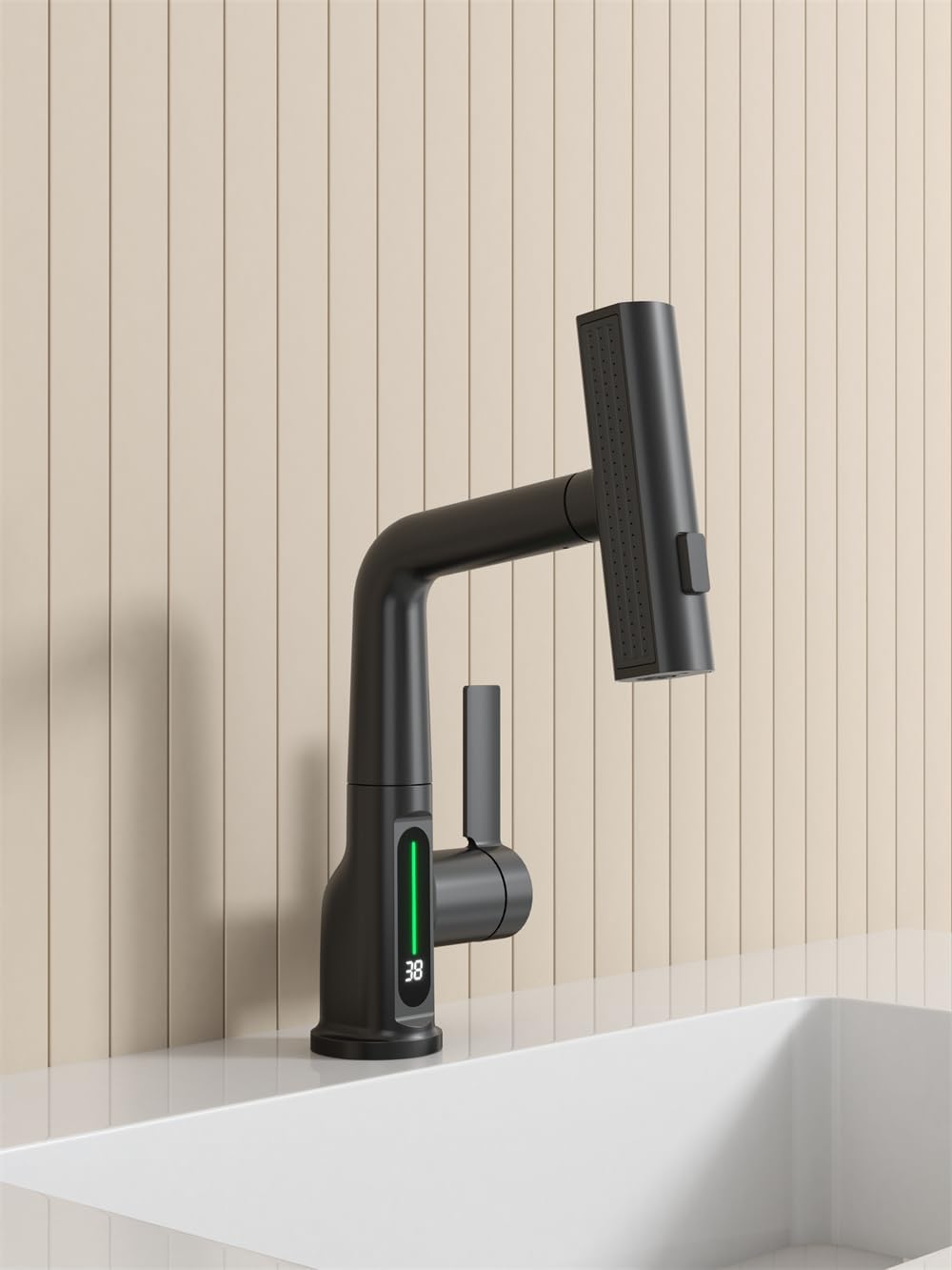 Pull Out Lift Led Temperature Digital Display Bathroom Basin Faucet, Single Handle 360 Rotatable Waterfall 3 In 1 Basin Tap With Adjustable Height Matte Black One Matte Black Deck Mounted Matte
