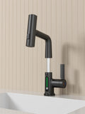 Pull Out Lift Led Temperature Digital Display Bathroom Basin Faucet, Single Handle 360 Rotatable Waterfall 3 In 1 Basin Tap With Adjustable Height Matte Black One Matte Black Deck Mounted Matte
