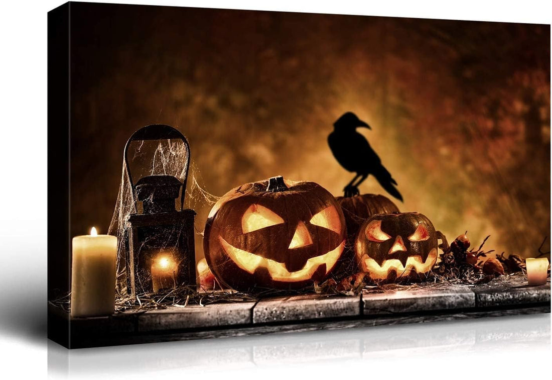 Drop Ping Framed Canvas Wall Art Decor Painting For Halloween, Jack O Lanterns Painting For Halloween Gift, Decoration For Halloween Living Room, Bedroom Decor Ready To Hang Wrapped Canvas Colorful
