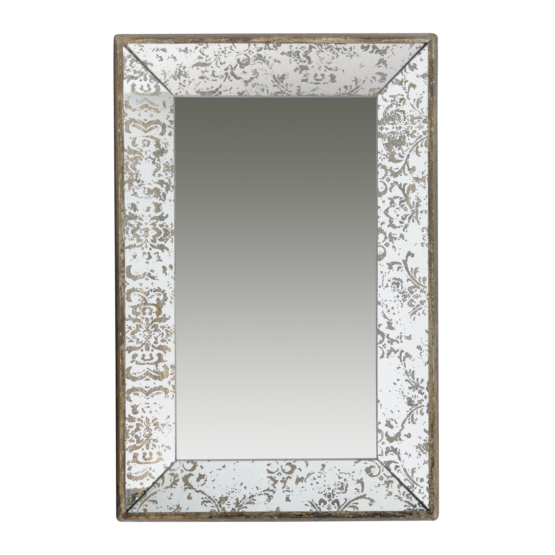 24" X 15" Antique Silver Rectangle Mirror With Floral Accents, Mirrored Display Tray, Hanging Wall Mirror Silver Mdf Glass