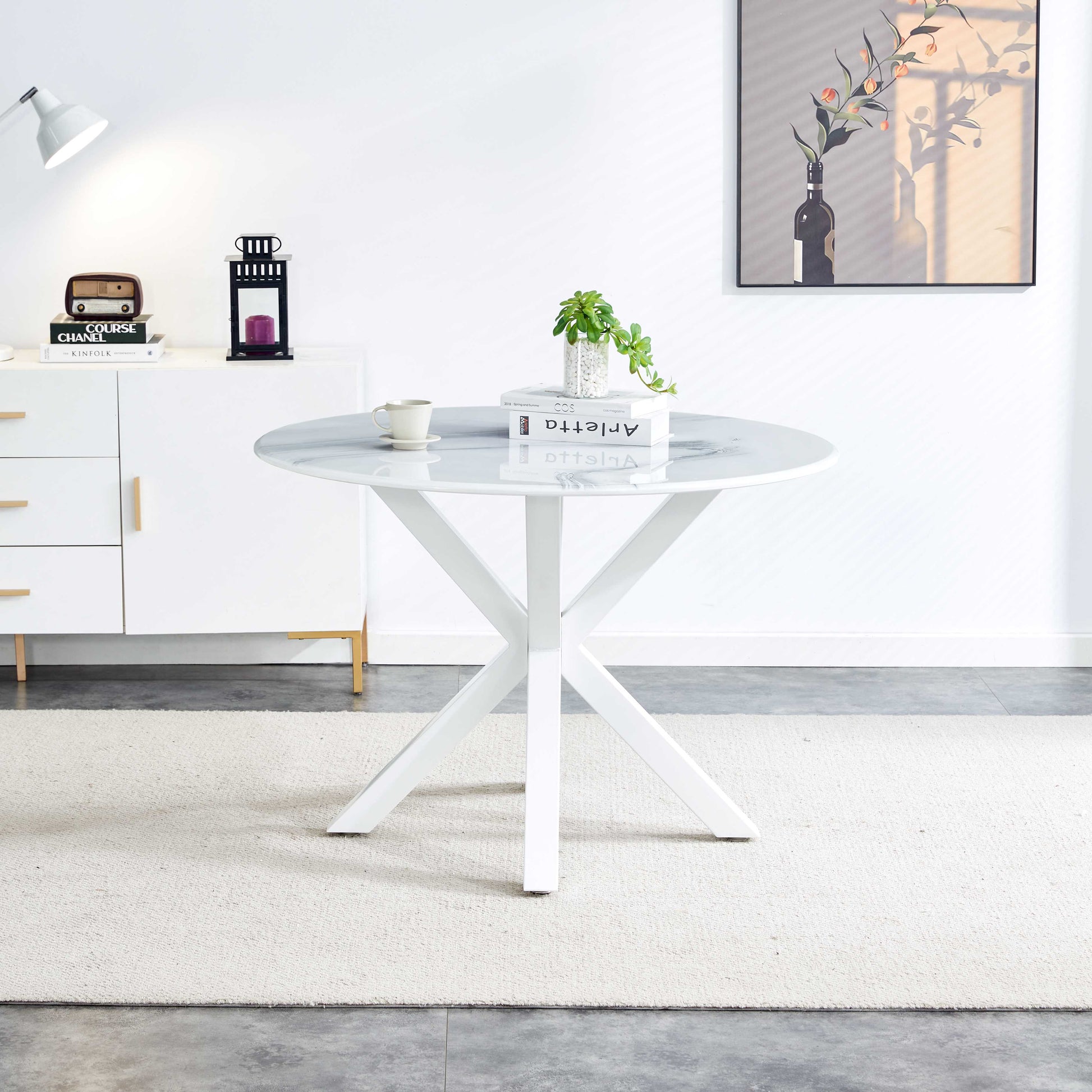 42.1"White Table Cross Leg Mid Century Dining Table For 4 6 People With Round Mdf Table Top, Pedestal Dining Table, End Table Leisure Coffee Table White Kitchen & Dining Tables Mdf
