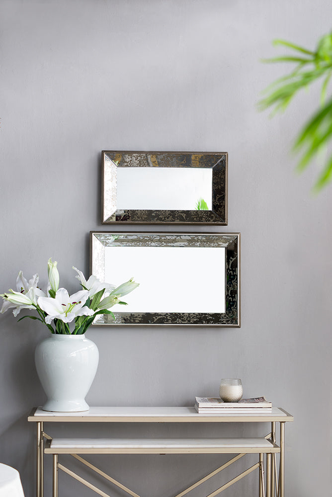 24" X 15" Antique Silver Rectangle Mirror With Floral Accents, Mirrored Display Tray, Hanging Wall Mirror Silver Mdf Glass