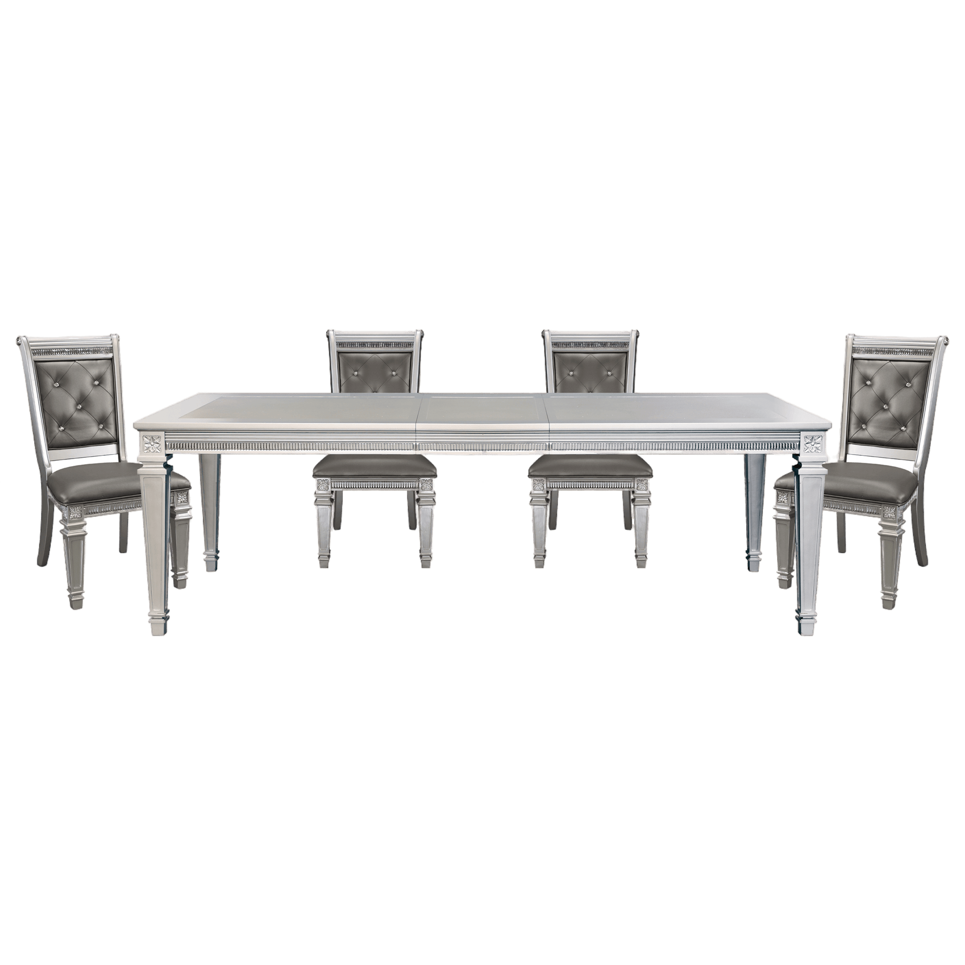 Silver Finish 5Pc Dining Set Table W Leaf And 4X Side Chairs Modern Glam Style Crystal Tufted Chairs Upholstered Seat Wooden Dining Room Furniture Silver Seats 4 Dining Room Extendable Glam,Modern Rectangular Dining Table With Chair Wood