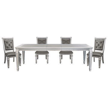 Silver Finish 5Pc Dining Set Table W Leaf And 4X Side Chairs Modern Glam Style Crystal Tufted Chairs Upholstered Seat Wooden Dining Room Furniture Silver Seats 4 Dining Room Extendable Glam,Modern Rectangular Dining Table With Chair Wood