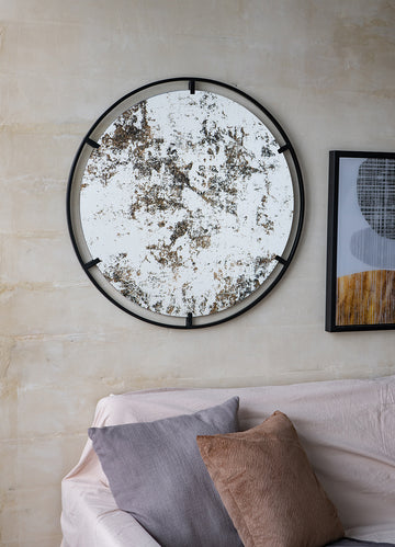 D31.5X0.5" Theodor Mirror With Industrial Design Round Mirror With Metal Frame For Wall Decor & Entryway Console Lean Against Wall Black Iron