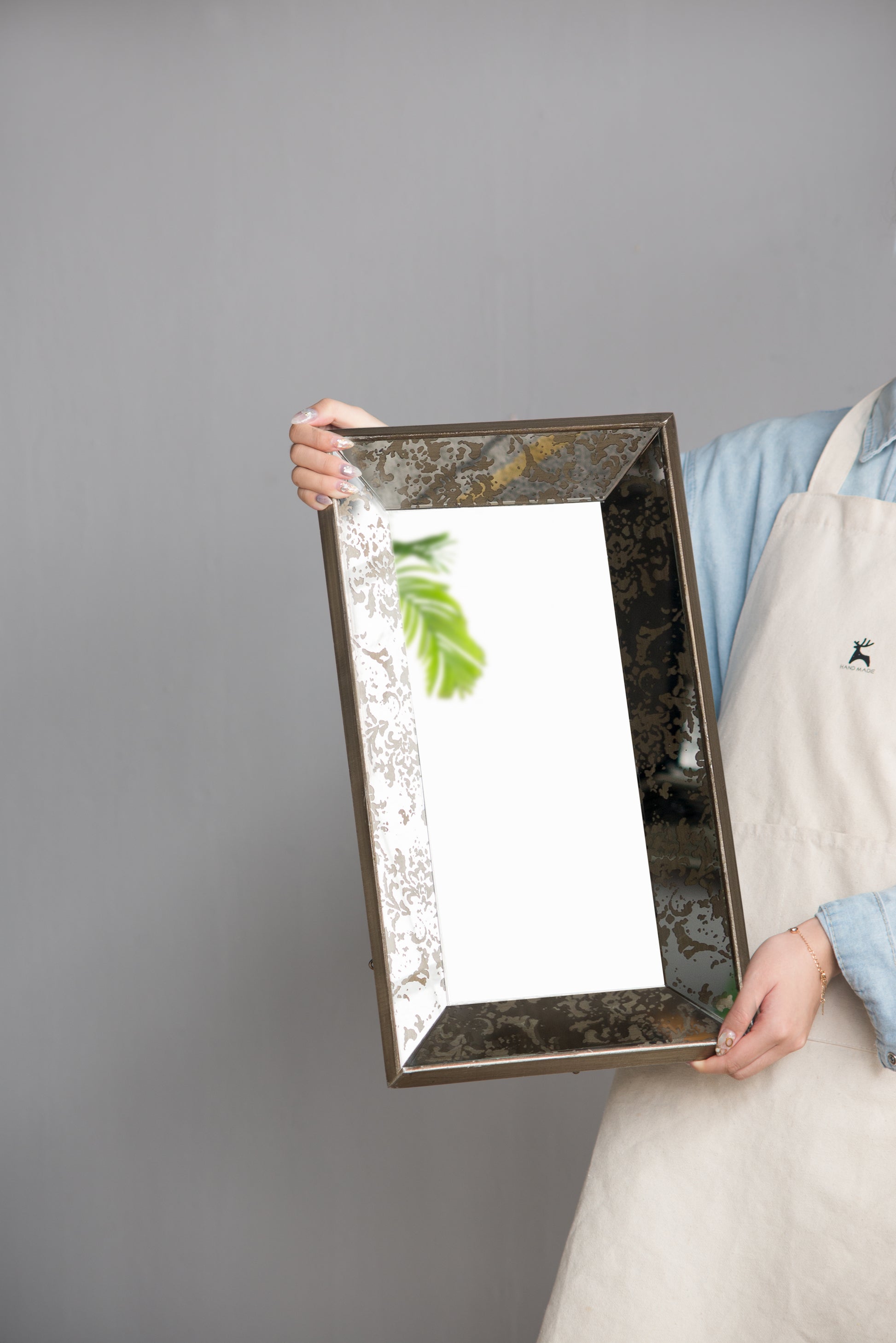 24" X 15" Antique Silver Rectangle Mirror With Floral Accents, Mirrored Display Tray, Hanging Wall Mirror Silver Mdf Glass