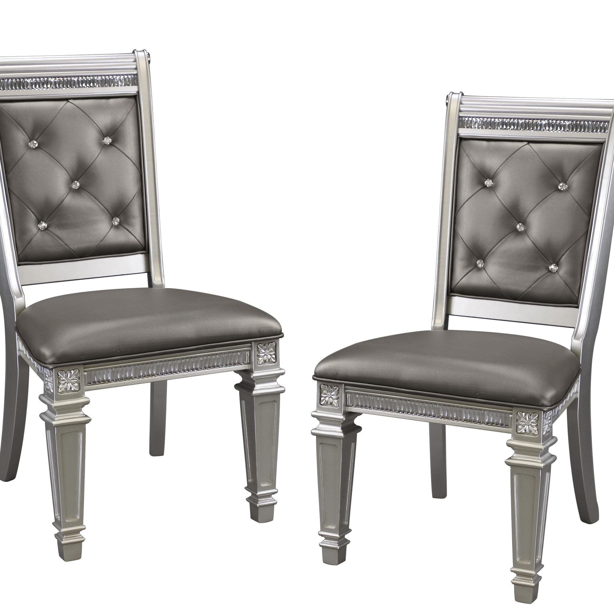 Modern Glam Silver Finish Dining Furniture Set Of 2 Side Chairs Gray Faux Leather Upholstered Wooden Dining Room Furniture Silver Dining Room Glam,Modern Side Chair Wood