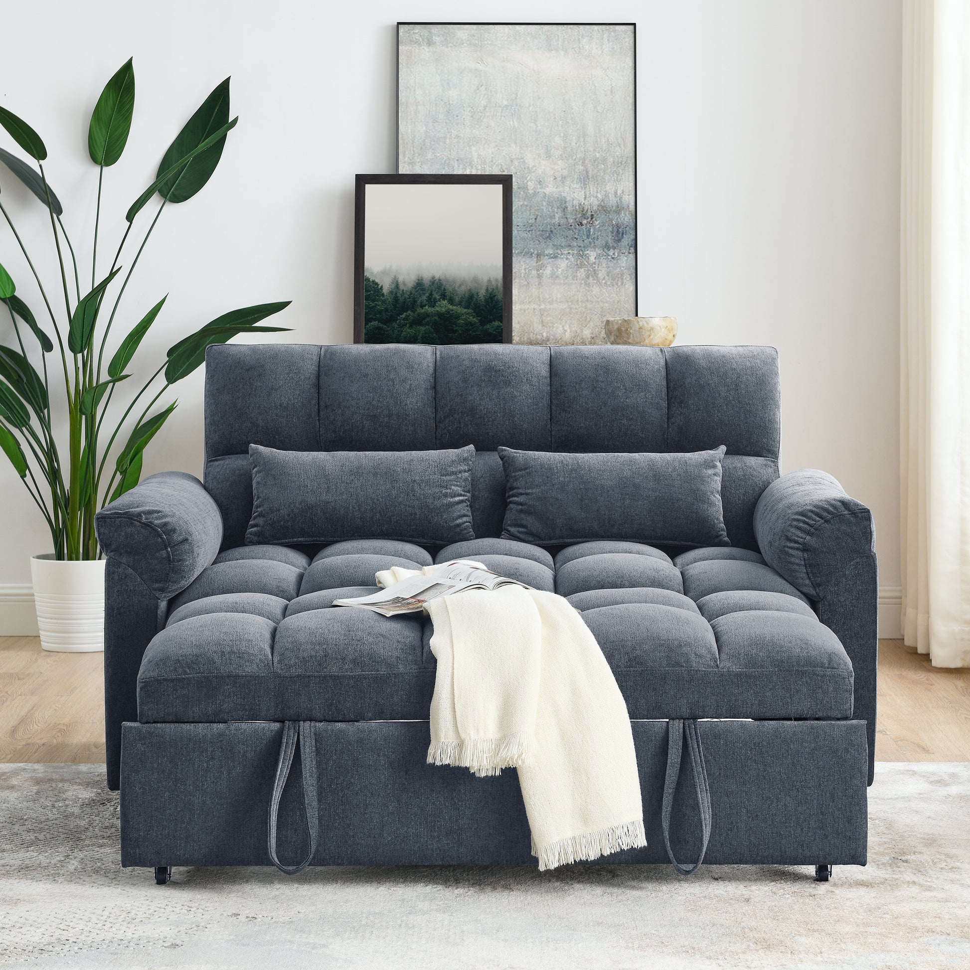 Loveseats Sofa Bed With Pull Out Bed,Adjsutable Back,Blue Grey Blue Grey Linen Wood Primary Living Space Medium Soft Tight Back Eucalyptus Pillow Top Arms Foam Linen 2 Seat