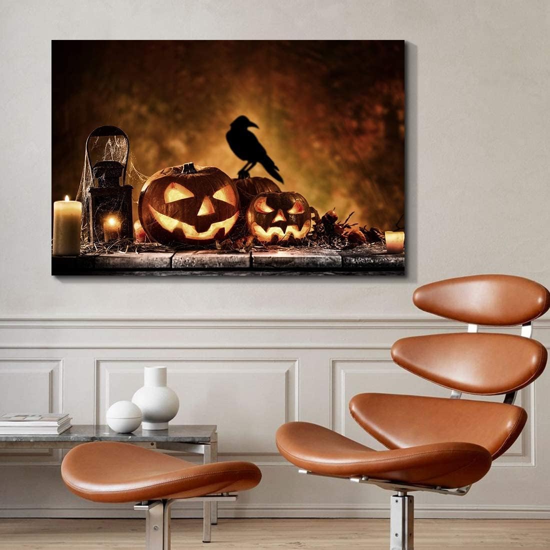 Drop Ping Framed Canvas Wall Art Decor Painting For Halloween, Jack O Lanterns Painting For Halloween Gift, Decoration For Halloween Living Room, Bedroom Decor Ready To Hang Wrapped Canvas Colorful