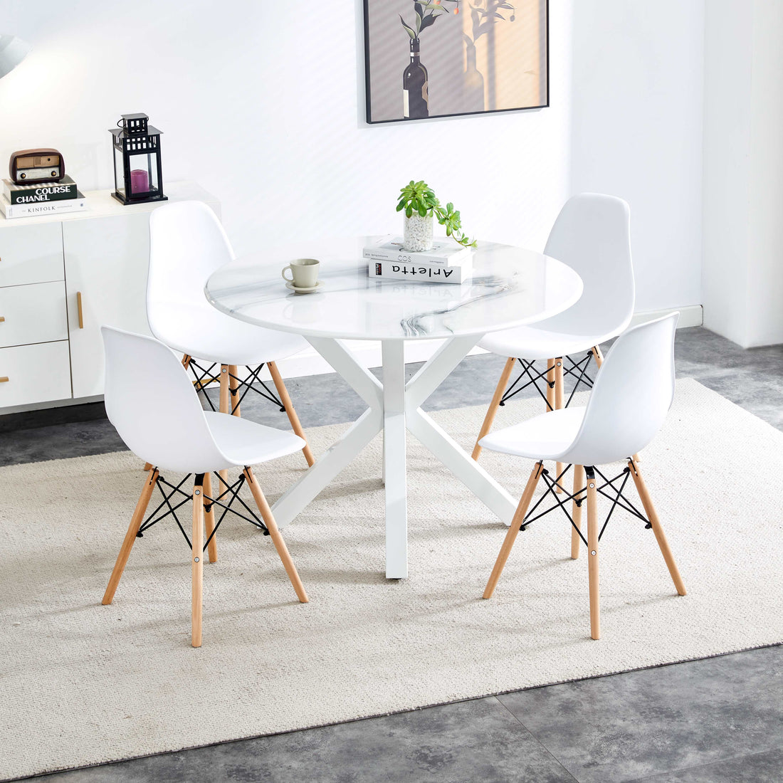 42.1"White Table Cross Leg Mid Century Dining Table For 4 6 People With Round Mdf Table Top, Pedestal Dining Table, End Table Leisure Coffee Table White Kitchen & Dining Tables Mdf