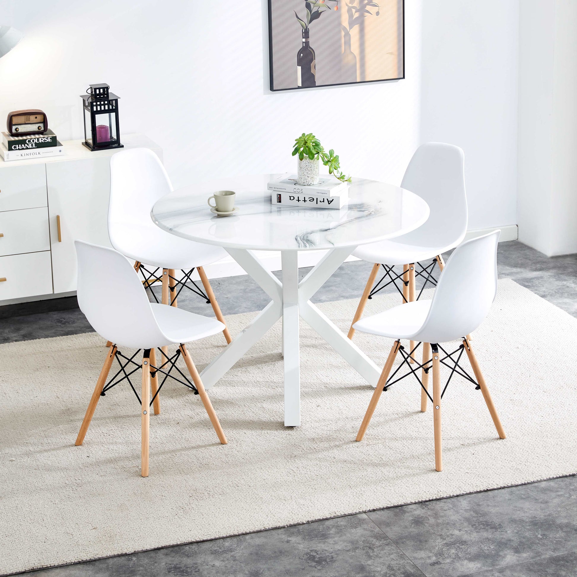 42.1"White Table Cross Leg Mid Century Dining Table For 4 6 People With Round Mdf Table Top, Pedestal Dining Table, End Table Leisure Coffee Table White Kitchen & Dining Tables Mdf