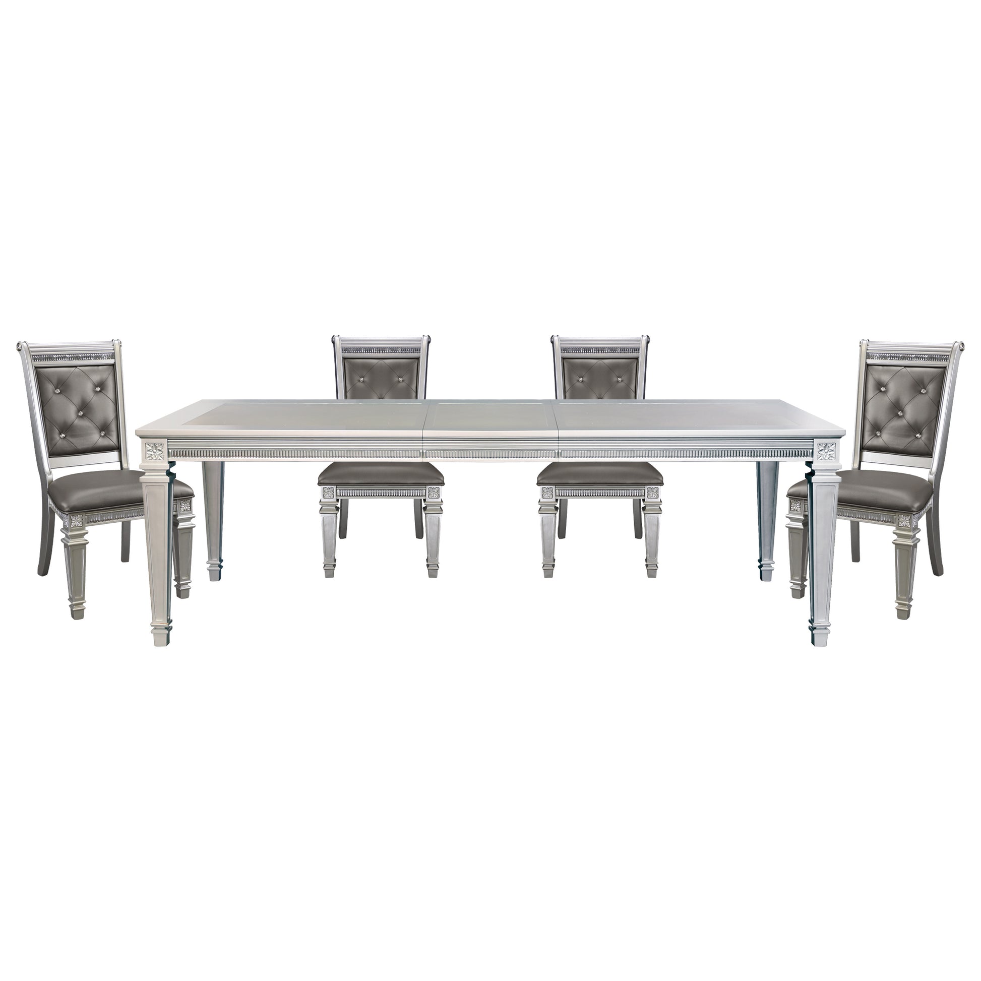 Silver Finish 5Pc Dining Set Table W Leaf And 4X Side Chairs Modern Glam Style Crystal Tufted Chairs Upholstered Seat Wooden Dining Room Furniture Silver Seats 4 Dining Room Extendable Glam,Modern Rectangular Dining Table With Chair Wood