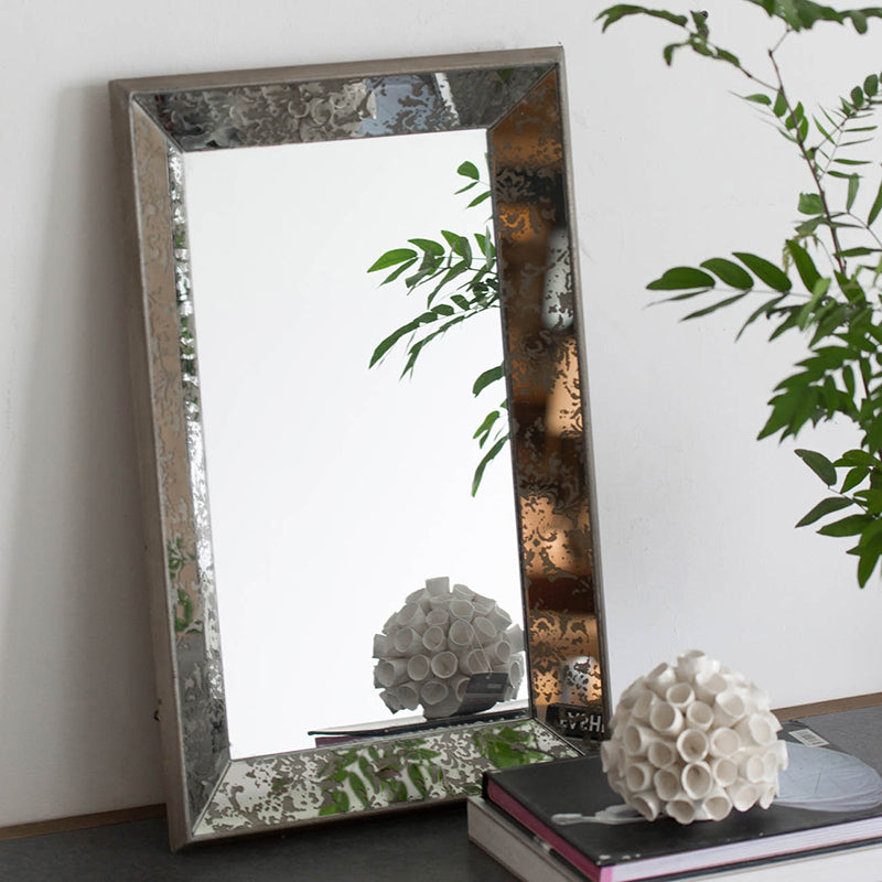 24" X 15" Antique Silver Rectangle Mirror With Floral Accents, Mirrored Display Tray, Hanging Wall Mirror Silver Mdf Glass