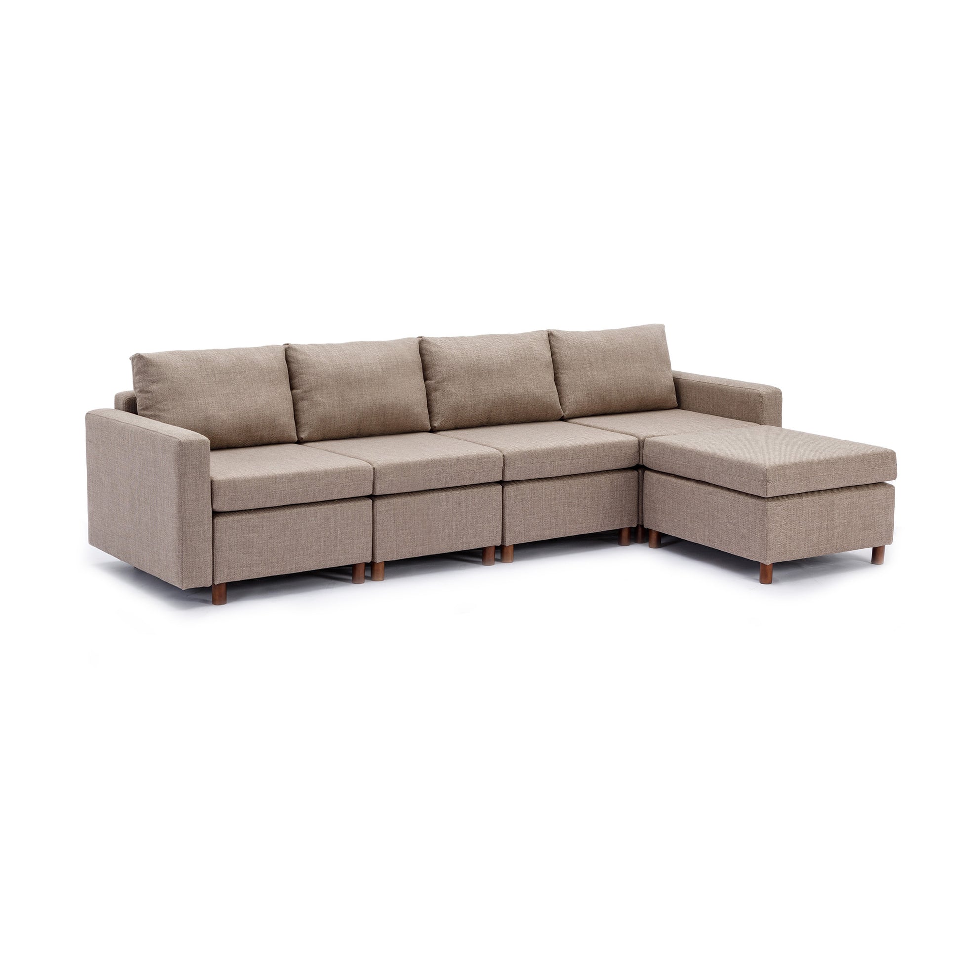 4 Seat Module Sectional Sofa Couch With 1 Ottoman For Living Room,Seat Cushion And Back Cushion Non Removable And Non Washable,Brown Brown Wood Primary Living Space Soft Modern Rubberwood Foam Linen 4 Seat