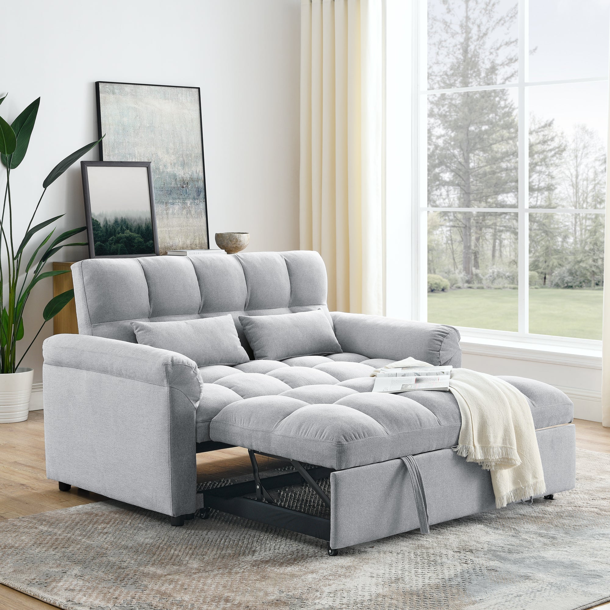 Loveseats Sofa Bed With Pull Out Bed,Adjsutable Back,Light Grey Grey Linen Wood Primary Living Space Medium Soft Tight Back Eucalyptus Pillow Top Arms Foam Linen 2 Seat