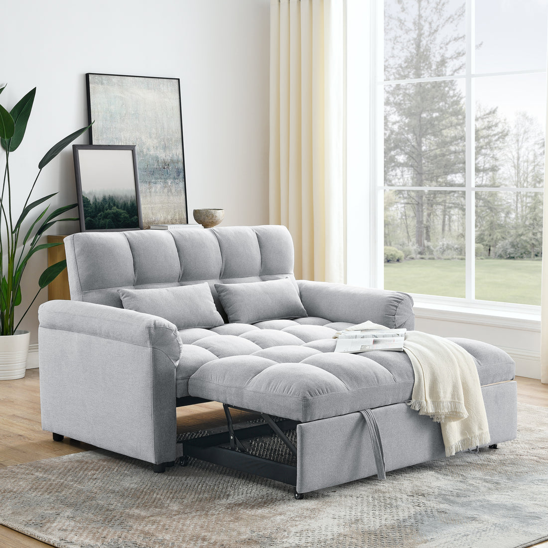 Loveseats Sofa Bed With Pull Out Bed,Adjsutable Back,Light Grey Grey Linen Wood Primary Living Space Medium Soft Tight Back Eucalyptus Pillow Top Arms Foam Linen 2 Seat
