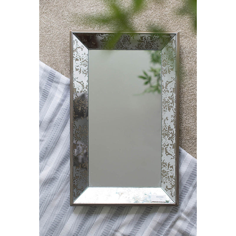 24" X 15" Antique Silver Rectangle Mirror With Floral Accents, Mirrored Display Tray, Hanging Wall Mirror Silver Mdf Glass