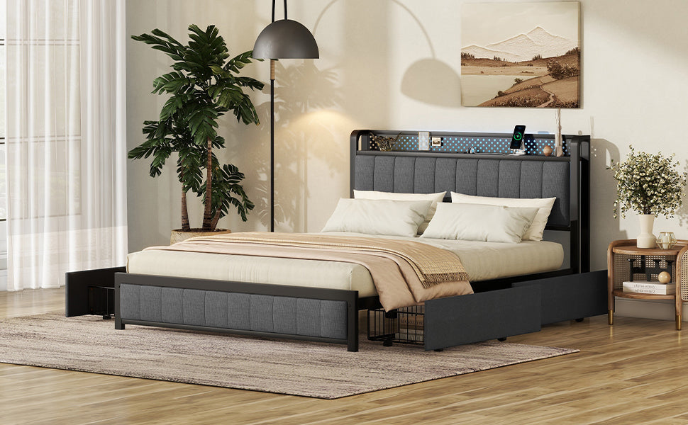 Queen Bed Frame With Led Headboard, Upholstered Bed With 4 Storage Drawers And Usb Ports, Dark Grey Queen Dark Gray Linen