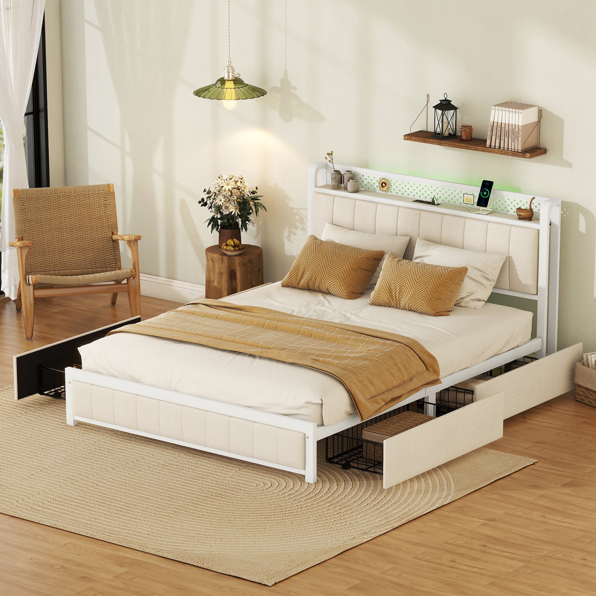 Queen Bed Frame With Led Headboard, Upholstered Bed With 4 Storage Drawers And Usb Ports, Beige Queen Beige Linen