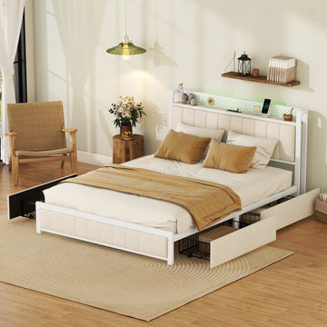 Queen Bed Frame With Led Headboard, Upholstered Bed With 4 Storage Drawers And Usb Ports, Beige Queen Beige Linen