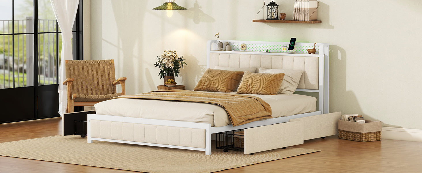Queen Bed Frame With Led Headboard, Upholstered Bed With 4 Storage Drawers And Usb Ports, Beige Queen Beige Linen