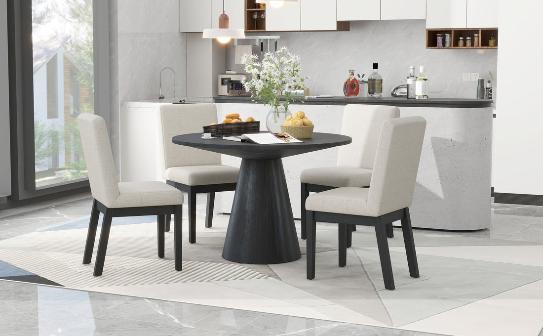 5 Piece Dining Set Retro Round Table With 4 Upholstered Chairs For Living Room, Dining Room Black Black Rubber Wood