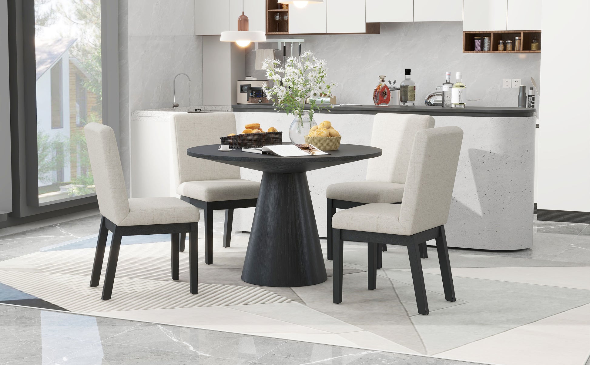 5 Piece Dining Set Retro Round Table With 4 Upholstered Chairs For Living Room, Dining Room Black Black Rubber Wood