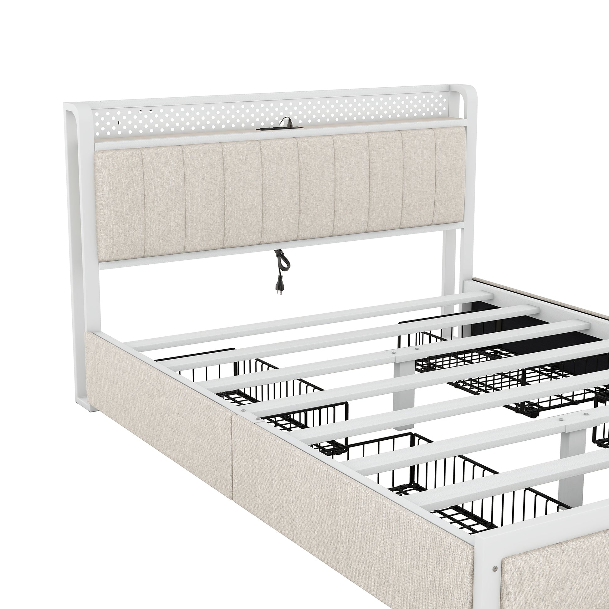Queen Bed Frame With Led Headboard, Upholstered Bed With 4 Storage Drawers And Usb Ports, Beige Queen Beige Linen