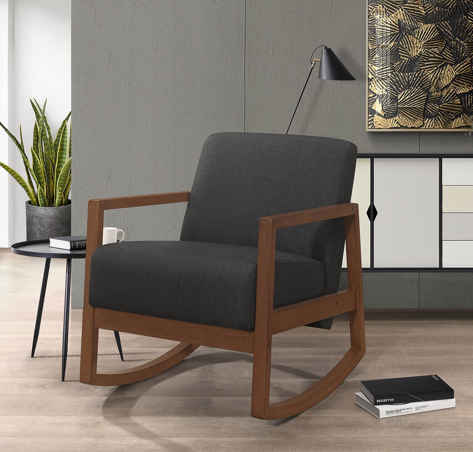 1Pc Rocker Accent Chair Modern Living Room Plush Cushion Dark Gray Soft Upholstery Hardwood Frame Elegant Style Comfort Relax Dark Gray Primary Living Space Modern Solid Wood