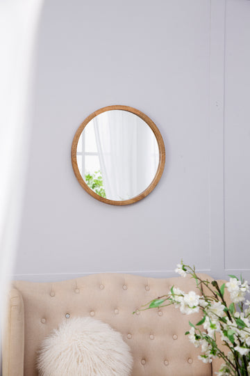 20" X 20" Circle Wall Mirror With Wooden Frame, Wall Mirror For Living Room, Dining Room, Foyer, Bathroom, Office Brown Wood Glass