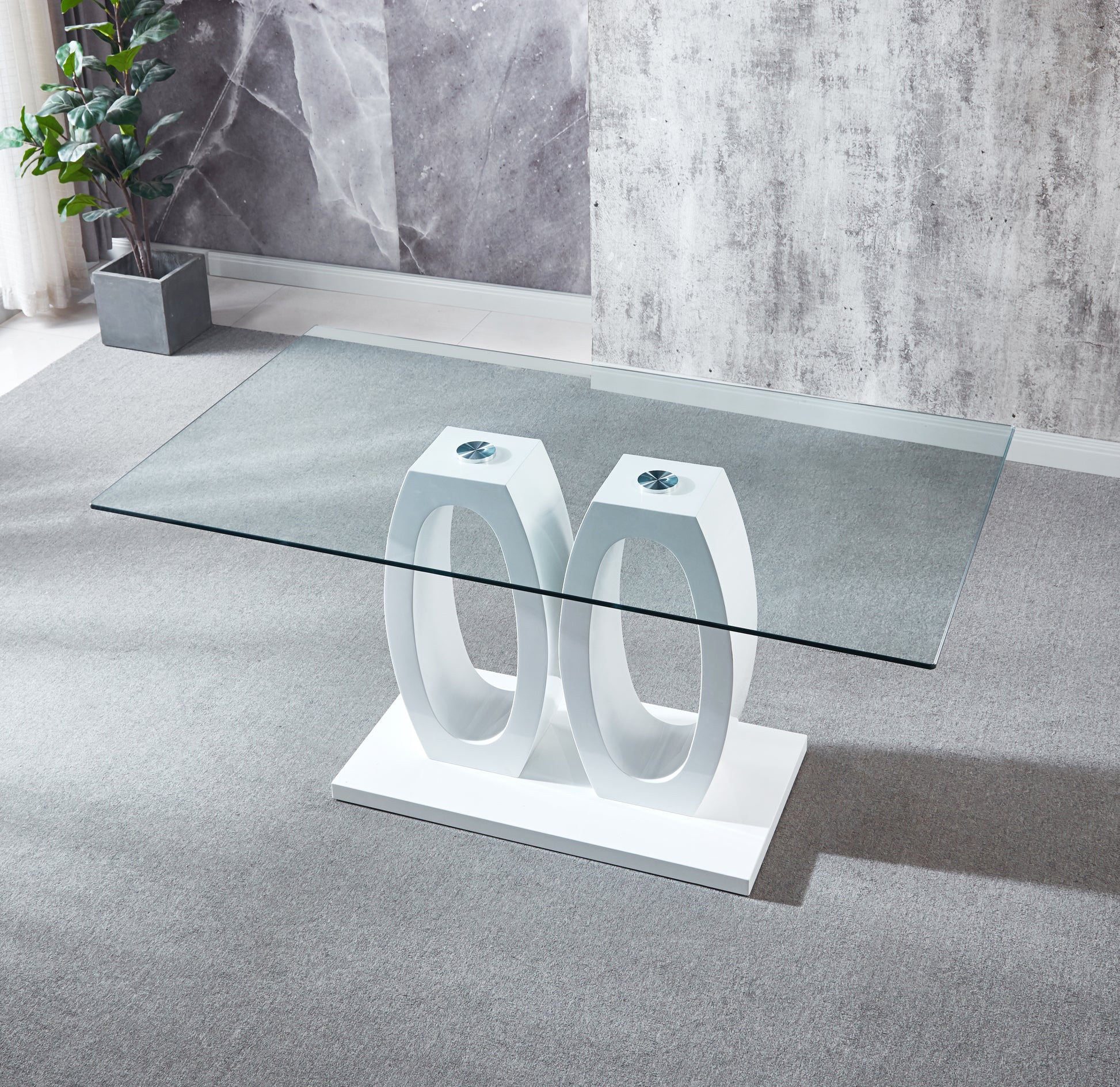 Contemporary Double Pedestal Dining Table, Tempered Glass Top With Mdf Base White Tempered Glass