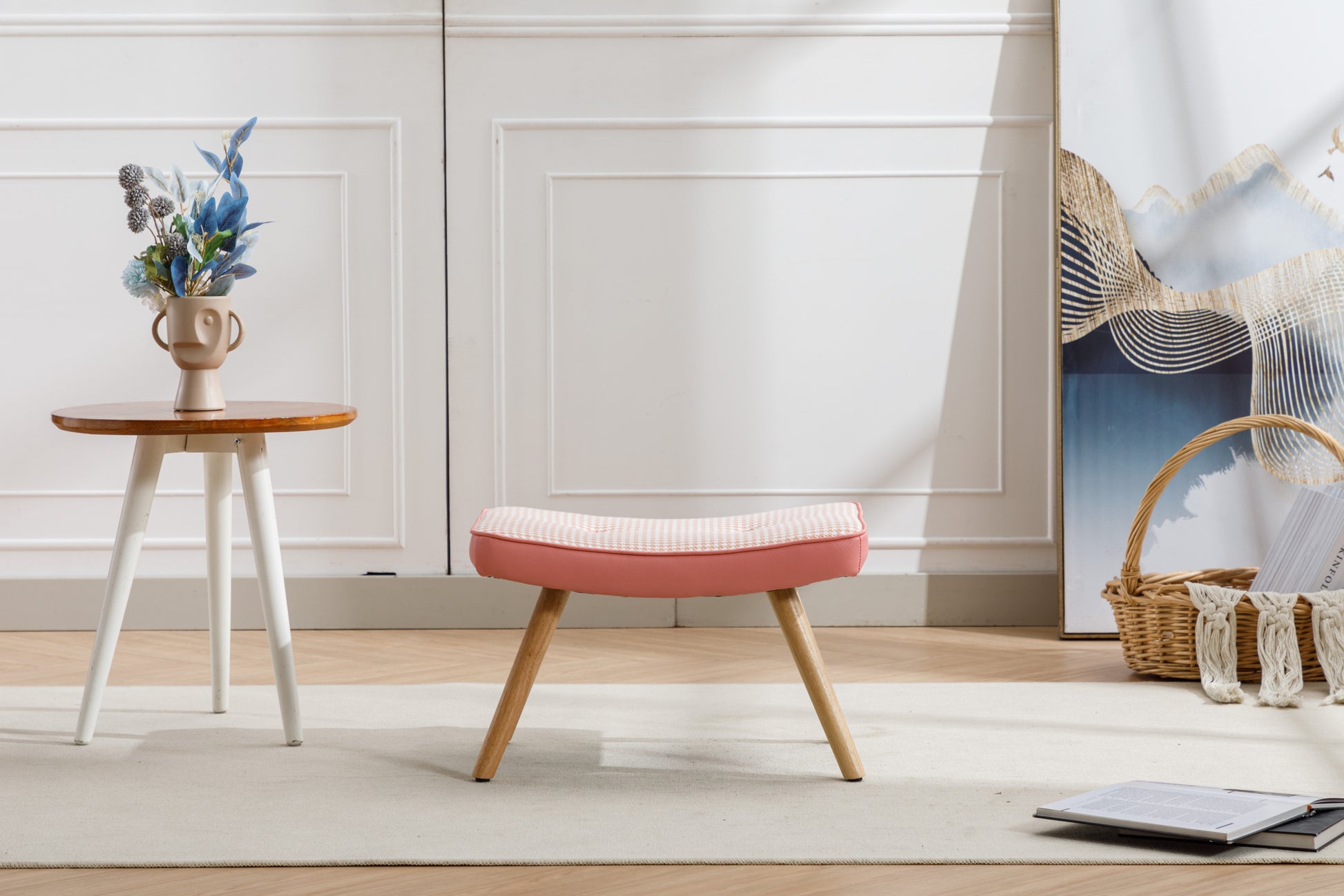 Wooden Step Ottoman,Wooden Step Stool For Adults,Square Cushion Foot Stool,Small Stool With Non Slip Pad,Wood Stool Suitable For Bedroom, Living Room And Kitchen Pink Pink Foam Linen