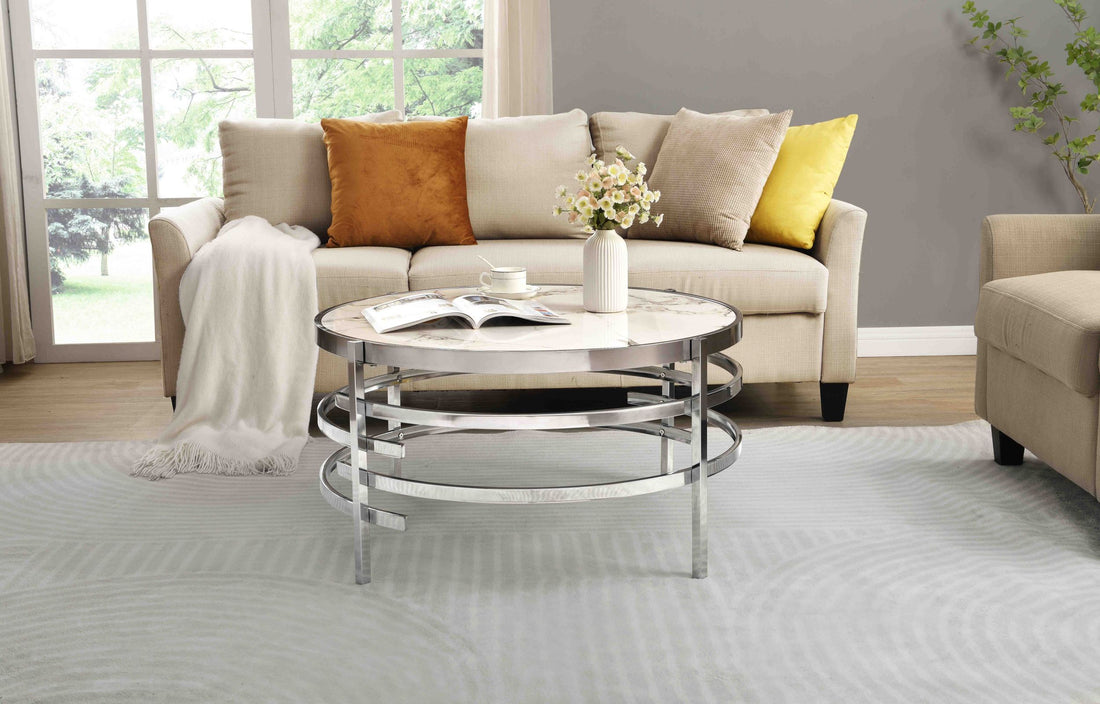 32.48'' Chrome Round Coffee Table With Sintered Stone Top&Sturdy Metal Frame, Modern Coffee Table For Living Room, Silver Silver Iron